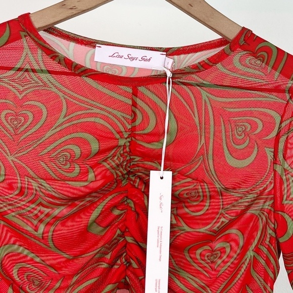 NWT Lisa Says Gah Eleanor Mesh Long Sleeve Ruched Crop Top Wild Hearts Red - Picture 5 of 7